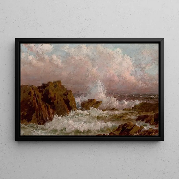 Marine landscape painting with breaking waves - American School — framed artwork on a wall