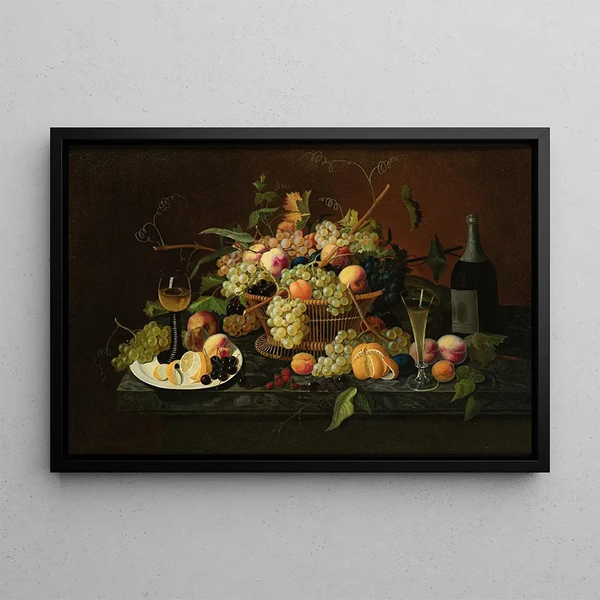 Nature morte with fruits, champagne bottle, and glasses on a table - American School — framed artwork on a wall