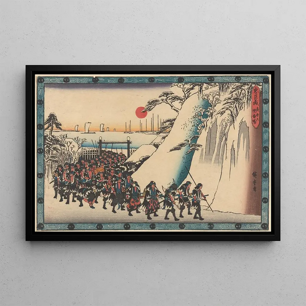 Army bypassing the hill in the snow - Andō Hiroshige — framed artwork on a wall