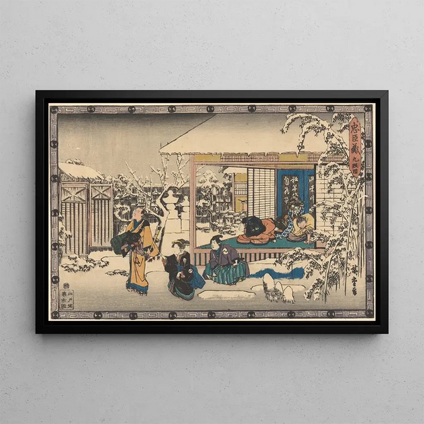 Oishi quittant la maison sous la neige - Andō Hiroshige — framed artwork on a wall