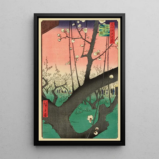 Garden of Plum Trees Kameido - Andō Hiroshige — framed artwork on a wall