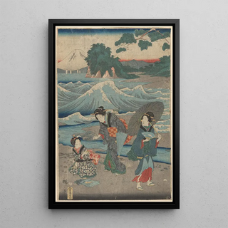 Trois femmes et vagues - Andō Hiroshige — framed artwork on a wall