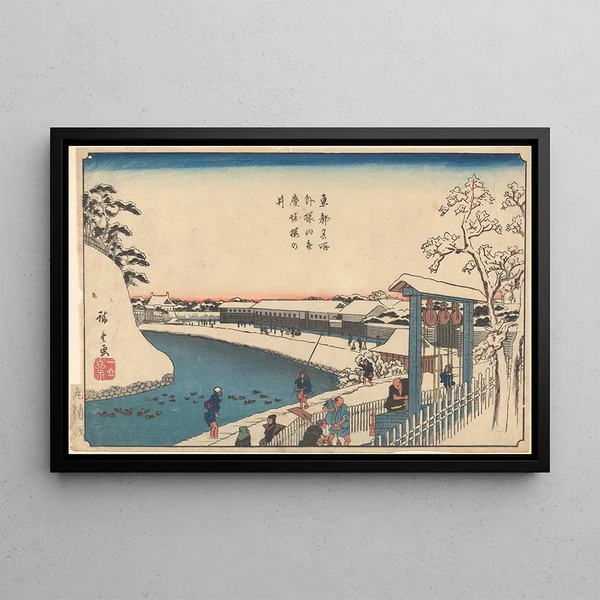 Trees, houses, people, ducks on the river - Andō Hiroshige — framed artwork on a wall