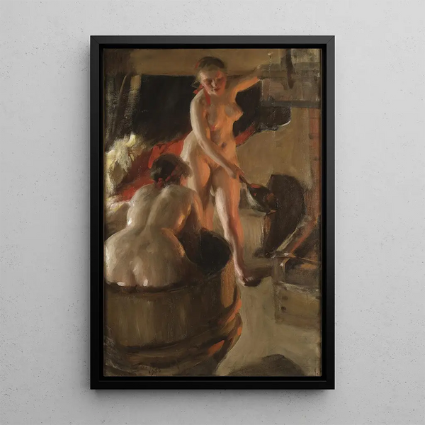 Daughters of Dalarna Taking a Bath - Anders Zorn — framed artwork on a wall
