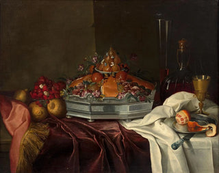 Silver epergne with candied fruits, brioche, wild strawberries, and a decanter on a console - André Bouys — artwork view