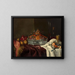 Silver epergne with candied fruits, brioche, wild strawberries, and a decanter on a console - André Bouys — framed artwork on a wall
