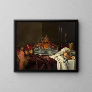 Silver epergne with candied fruits, brioche, wild strawberries, and a decanter on a console - André Bouys — framed artwork on a wall