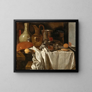 Nature morte avec un pichet, un plateau avec un citron, un luth, un récipient en céramique et d'autres objets sur une table - André Bouys — framed artwork on a wall
