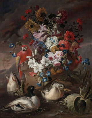 Floral Still Life with a Parrot and Ducks - Andrea Belvedere — artwork view