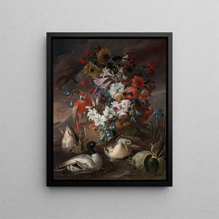 Floral Still Life with a Parrot and Ducks - Andrea Belvedere — framed artwork on a wall