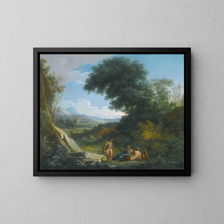 A faun and a nymph lying in a landscape - Andrea Locatelli — framed artwork on a wall