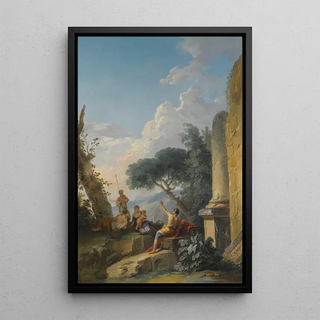 a landscape with figures resting near classical ruins - Andrea Locatelli — framed artwork on a wall
