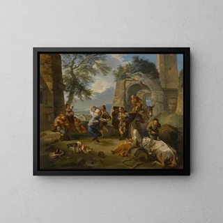 A landscape with peasants dancing and celebrating - Andrea Locatelli — framed artwork on a wall