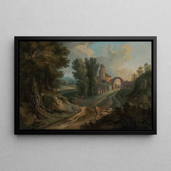 a Shepherd on a wooded path - Andrea Locatelli — framed artwork on a wall