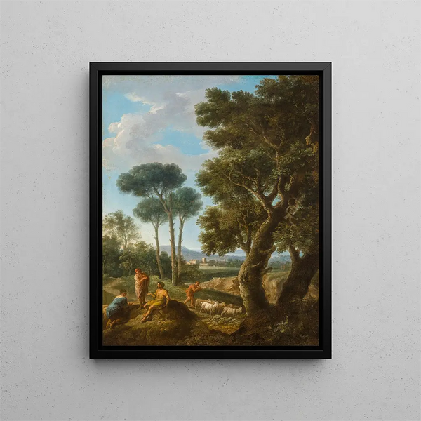 goat breeders in an Italian landscape - Andrea Locatelli — framed artwork on a wall