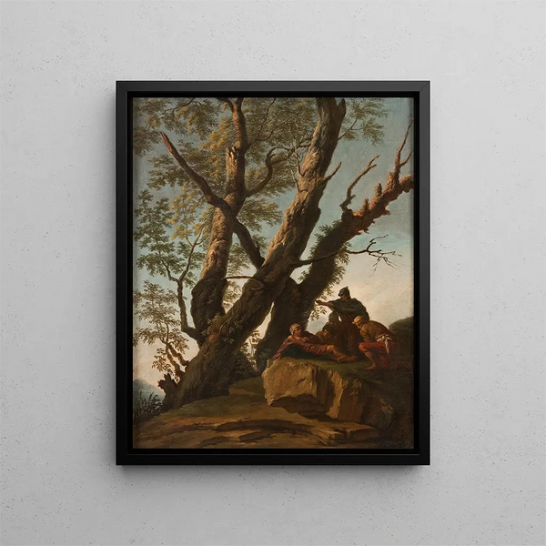 Landscape painting with soldiers and peasants - Andrea Locatelli — framed artwork on a wall