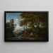 Landscape painting with a fisherman and a female figure near a river - Andrea Locatelli — framed artwork on a wall
