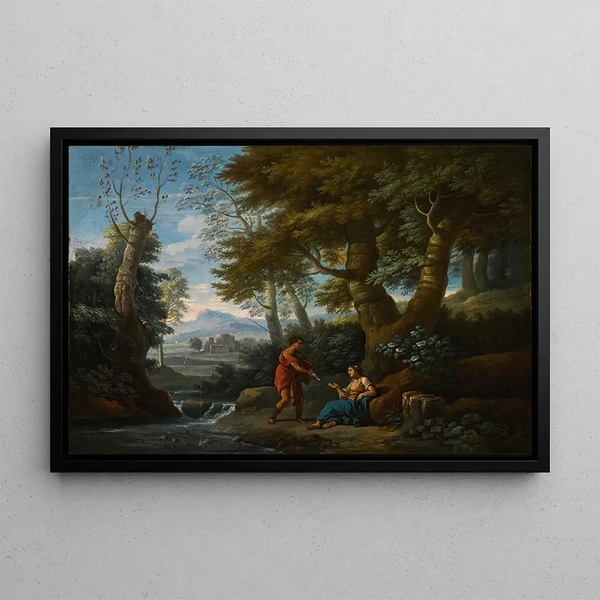 Landscape painting with a fisherman and a female figure near a river - Andrea Locatelli — framed artwork on a wall