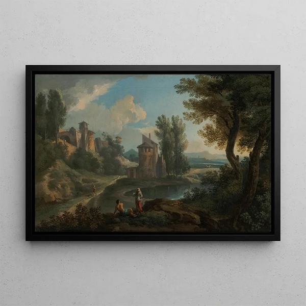 Travelers resting near a lake - Andrea Locatelli — framed artwork on a wall