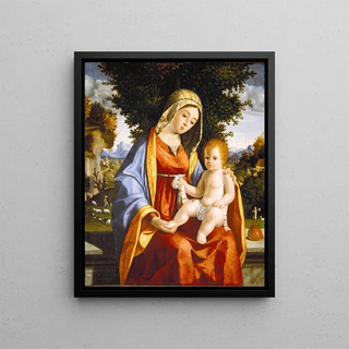 Virgin and Child in a landscape - Andrea Previtali — framed artwork on a wall