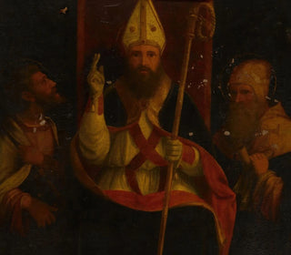 Saint Augustine enthroned with Saint Anthony the Abbot and another saint - Andrea Previtali — artwork view