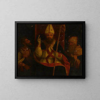 Saint Augustine enthroned with Saint Anthony the Abbot and another saint - Andrea Previtali — framed artwork on a wall