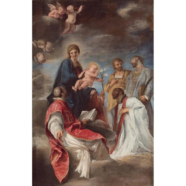 The Virgin and Child with Saints Ignatius of Loyola, Francis Xavier, Côme, and Damien - Andrea Sacchi — framed artwork on a wall