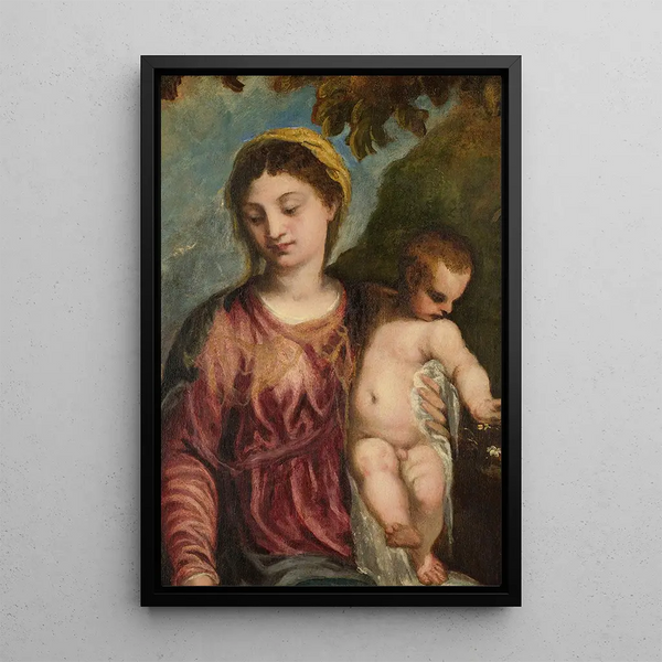 Virgin and Child - Andrea Schiavone — framed artwork on a wall