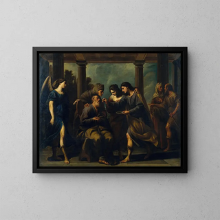 Tobias Heals His Blind Father - Andrea Vaccaro — framed artwork on a wall