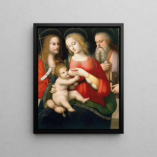 The Virgin and Child with Saints John the Baptist and Jerome - Andrea del Brescianino — framed artwork on a wall