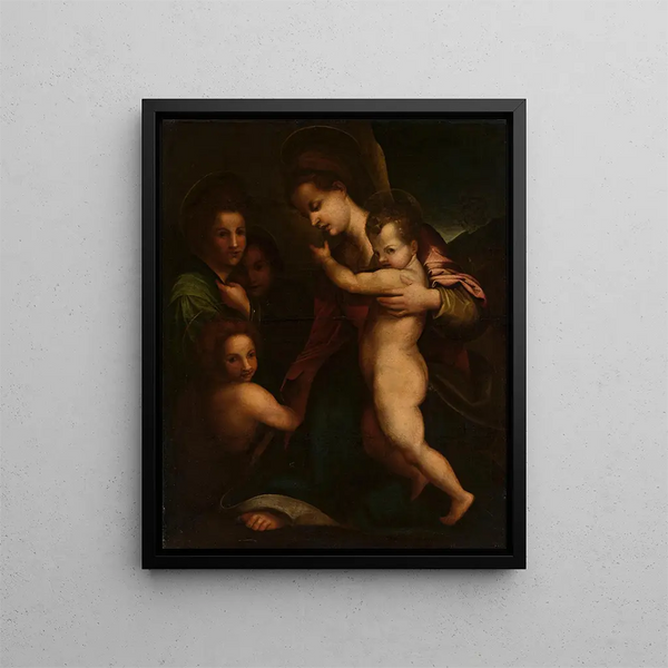 The Virgin and Child Jesus with Saint John - Andrea del Sarto — framed artwork on a wall