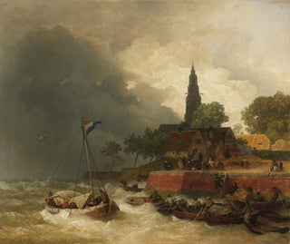 Dutch harbor scene painting under the storm - Andreas Achenbach — artwork view
