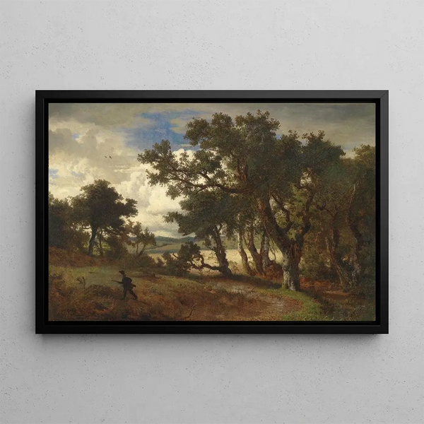 Hunter in the landscape - Andreas Achenbach — framed artwork on a wall