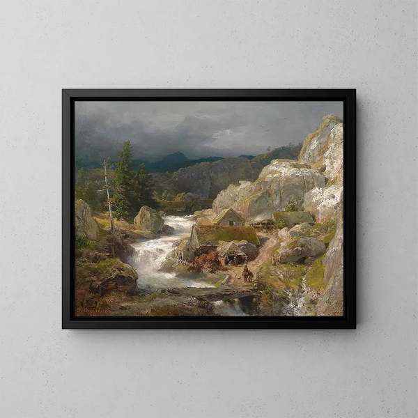 Mill by the Stream - Andreas Achenbach — framed artwork on a wall