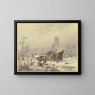 Marine painting near an icy ship - Andreas Achenbach — framed artwork on a wall