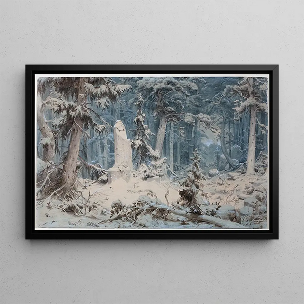 Snowy Forest Painting - Andreas Achenbach — framed artwork on a wall
