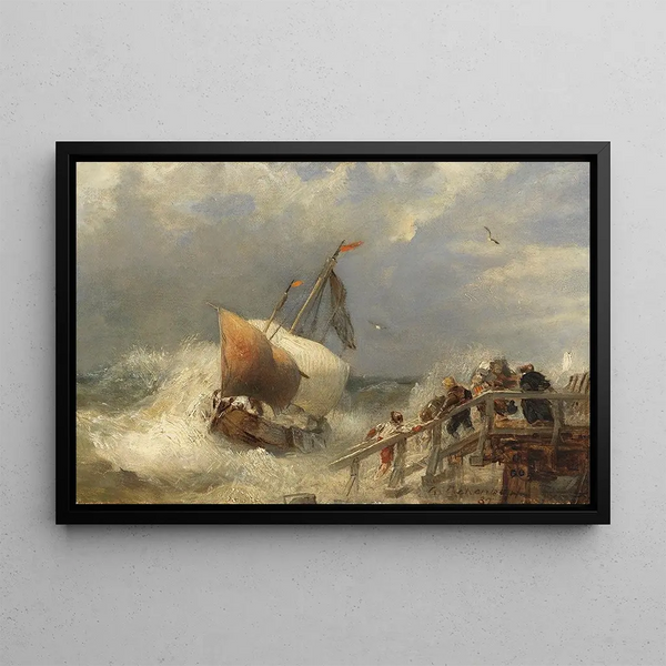 Storm at the port - Andreas Achenbach — framed artwork on a wall