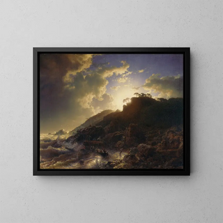 Sunset after a Storm on the Sicilian Coast - Andreas Achenbach — framed artwork on a wall