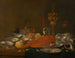 Homard, shrimp, oyster platter, glass of wine and silverware on a sideboard - Andreas Benedetti — artwork view