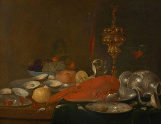 Homard, shrimp, oyster platter, glass of wine and silverware on a sideboard - Andreas Benedetti — artwork view