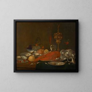 Homard, shrimp, oyster platter, glass of wine and silverware on a sideboard - Andreas Benedetti — framed artwork on a wall