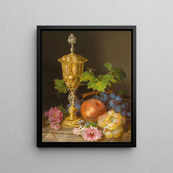 Still life with grapes in a covered bowl, apples, and asters - Andreas Lach — framed artwork on a wall