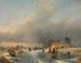 Winter landscape with a mill and houses near a frozen canal - Andreas Schelfhout — artwork view