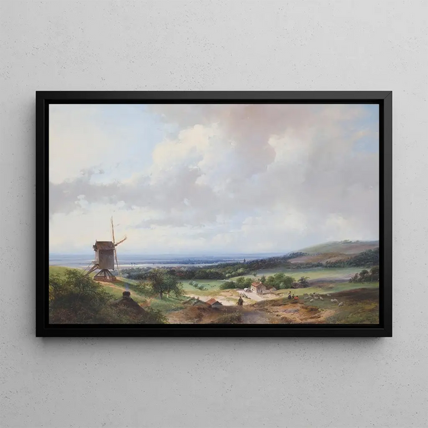 Bergers and a rider near a mill Haarlem in the background - Andreas Schelfhout — framed artwork on a wall
