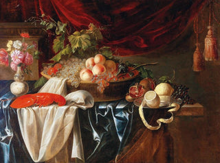 a lobster, fruits, and a vase of flowers - Andries Benedetti — artwork view