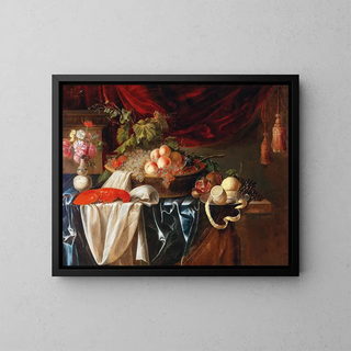 a lobster, fruits, and a vase of flowers - Andries Benedetti — framed artwork on a wall