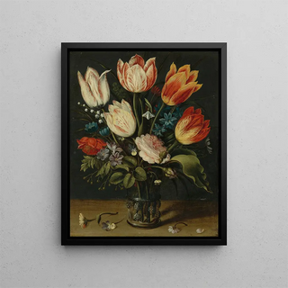 a Tulip and other flowers still life in a glass vase - Andries Daniels — framed artwork on a wall