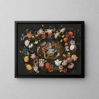 the Adoration of the Shepherds surrounded by a garland of flowers - Andries Snellinck — framed artwork on a wall