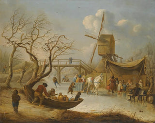Winter landscape with skaters and a horse-drawn sleigh near a windmill - Andries Vermeulen — artwork view