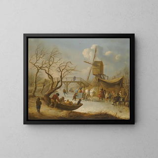 Winter landscape with skaters and a horse-drawn sleigh near a windmill - Andries Vermeulen — framed artwork on a wall